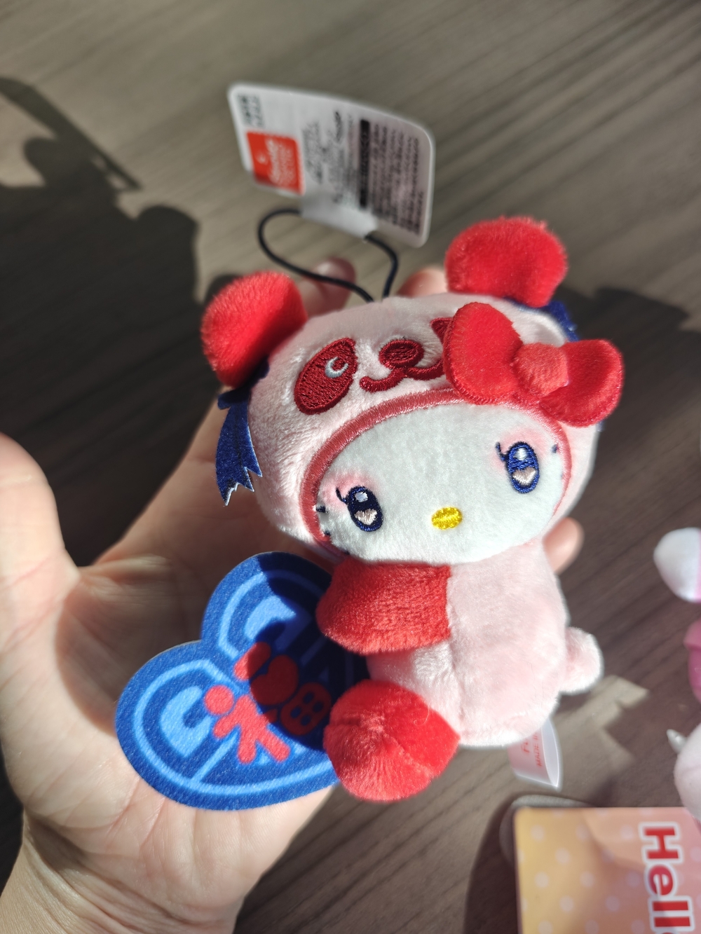 Sanrio Hello Kitty Pink Plush Keychain with Red Bow & Blue Heart Tag